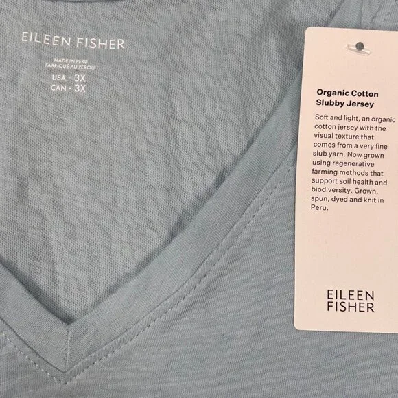 Eileen Fisher 3XL Organic Cotton V-Neck T Shirt Blue Casual Coastal - Picture 4 of 7